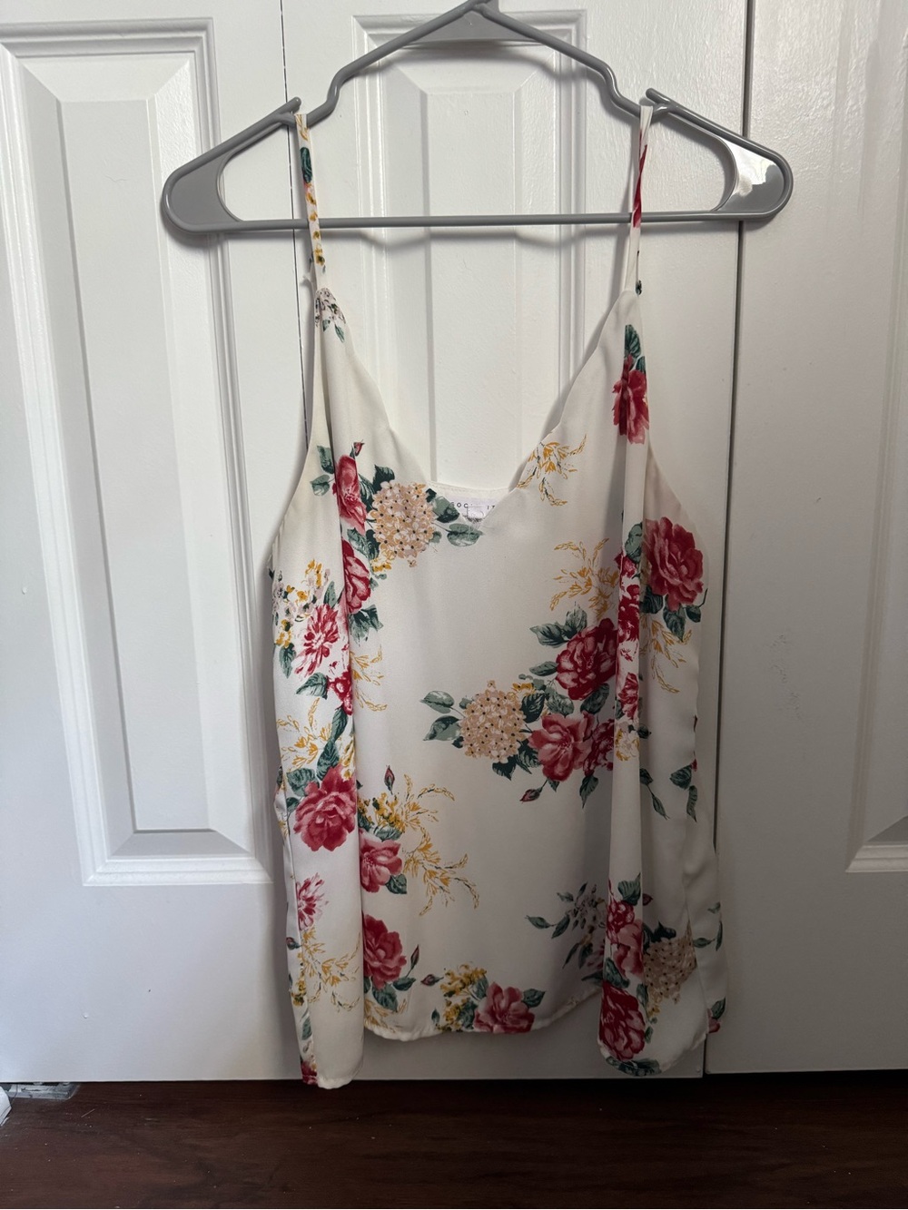Socialite Ivory Floral Spaghetti Strap Cami with Red Blooms